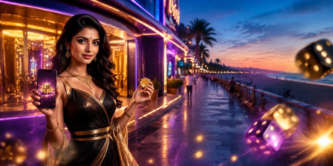 Neon lights over Marina Beach Chennai with dice game theme